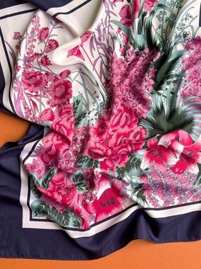 Vintage 1990s Pink Floral Print Scarf With Navy Border